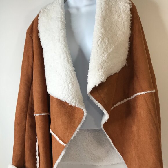 Women's  Faux Suede Open Front Sherpa Lined Wrap Jacket - Picture 2 of 8